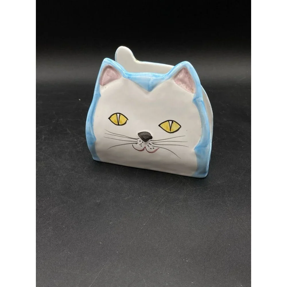 Pier 1 Italy Art Pottery Ceramic Cat Napkin Holder Whimsical Kitsch Vintage